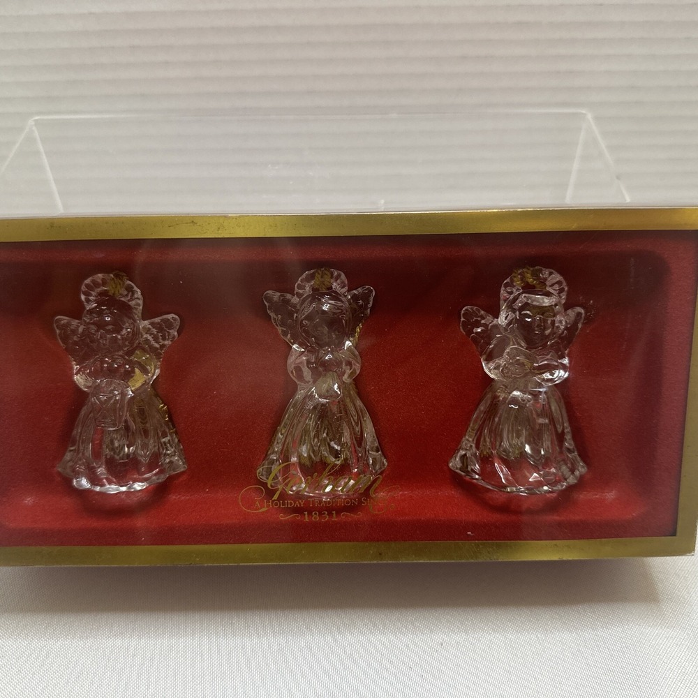 GORHAM Holiday Christmas Crystal Glass Angels Set of 3  w/ Gold Tassels‎ w/Box